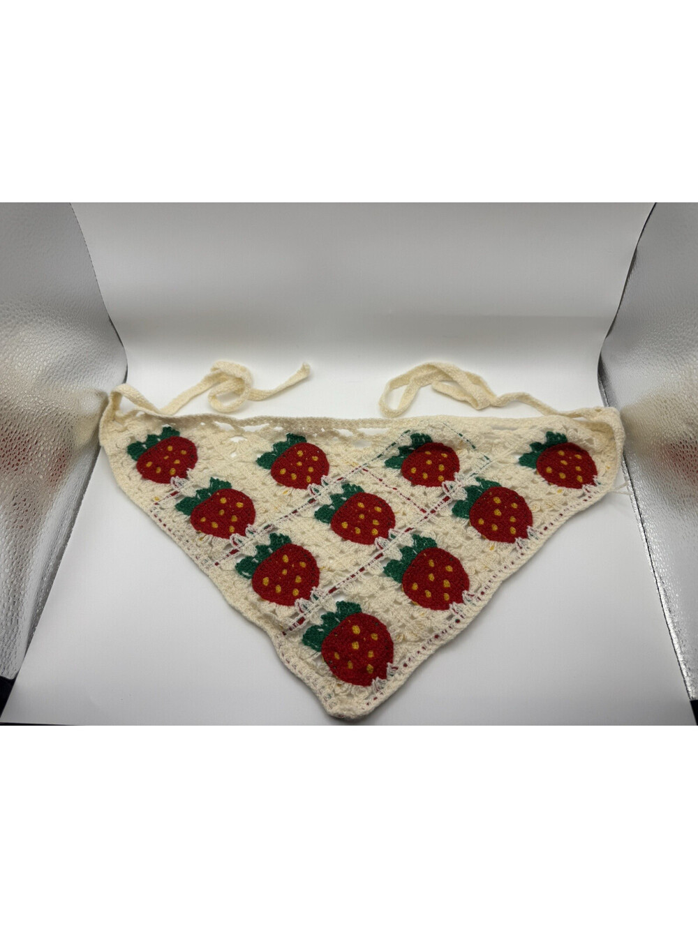 Handmade Crochet Strawberry Bandana Triangle Hair Scarf Cream Head Kerchief Boho